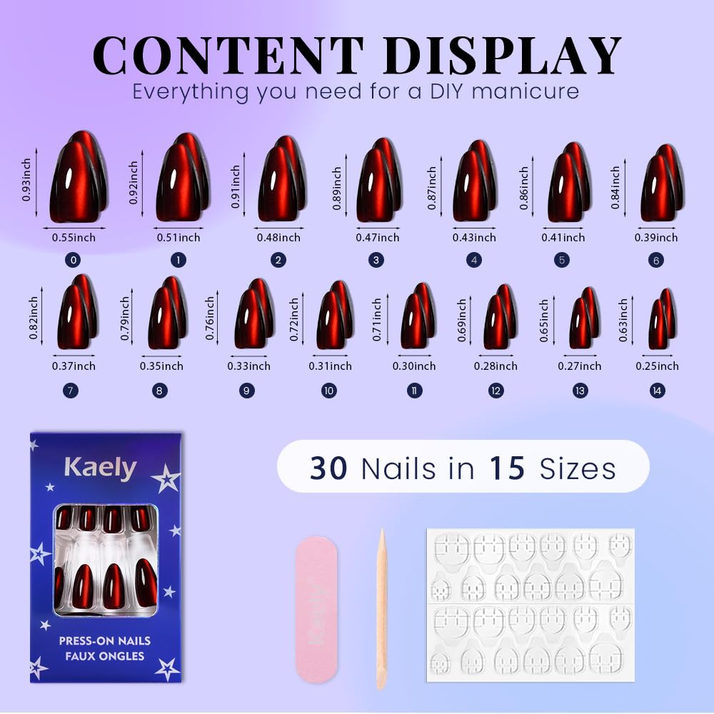 evpct Oxblood Red Cat Eye Chrome Press on Nails Almond Medium No Glue, Holographic Medium Almond Stick on Fake Nails for Women Gift, Glossy Cat Eye Effect, Perfectly Fit Salon-quality Soft False Nail