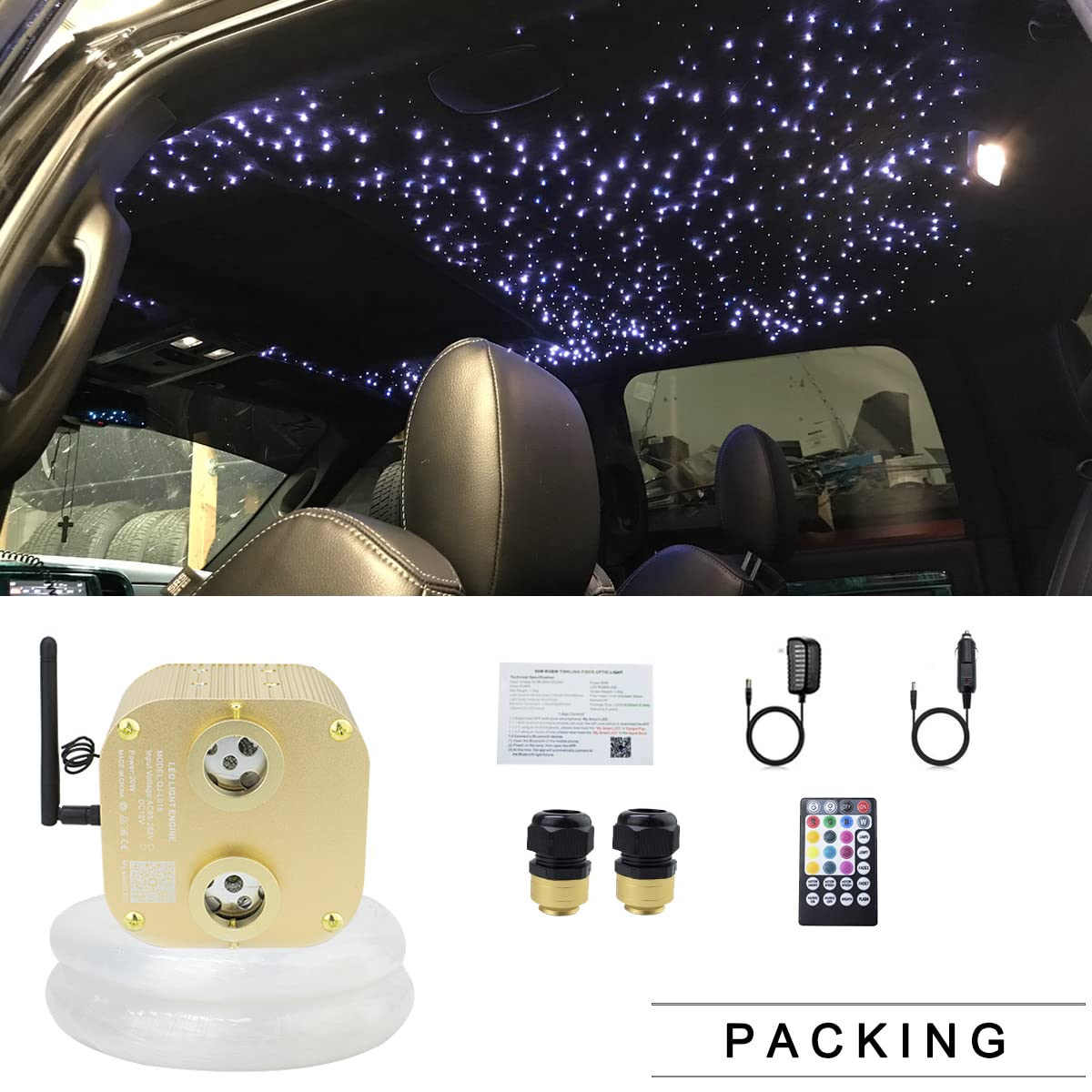 AZIMOM 2022Upgraded Bluetooth 20w Twinkle Fiber Optic Lights Star Ceiling Lighting Kits Mixed 860pcs*13.1ft Fiber Strands Dual Port RGBW Music Remote APP Control Light Source Home Car Ceiling Décor
