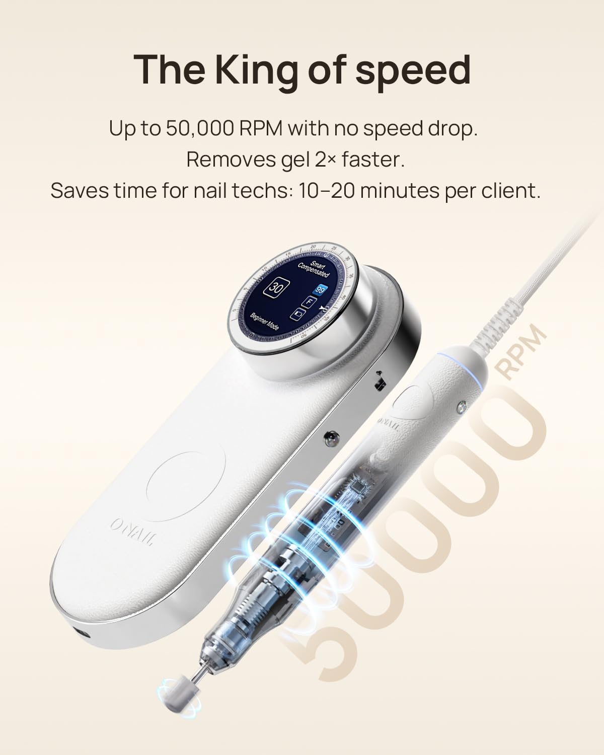 Professional Electric Nail Drill Machine - O NAIL 50,000 RPM E-File with LCD Display, Smart Control and Vibration-Free, 3mm Shank Bits Kit, Beginner Mode for Acrylic Gel Removal, for Home & Salon Use