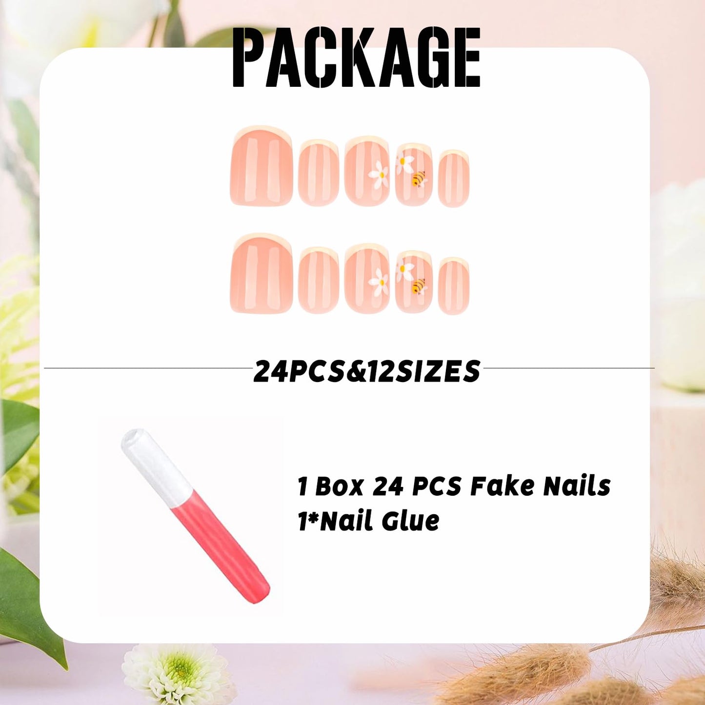 IMSOHOT Summer Press on Nails Short Square Fake Nails Yellow French Tips Acrylic False Nails Full Cover Cute Bee Summer Squoval Nail Supplies Stick on Nails for Women