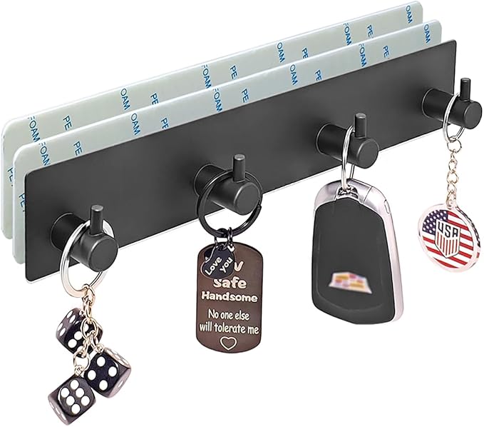 StrugDeas Key Holder for Wall with 2 Self-Adhesive Tapesï¼ Key Hanger Organizer for Wall with 4 Hooksï¼Metal Key Rack for Door, Entryway, Kitchen Bathroom(Black)