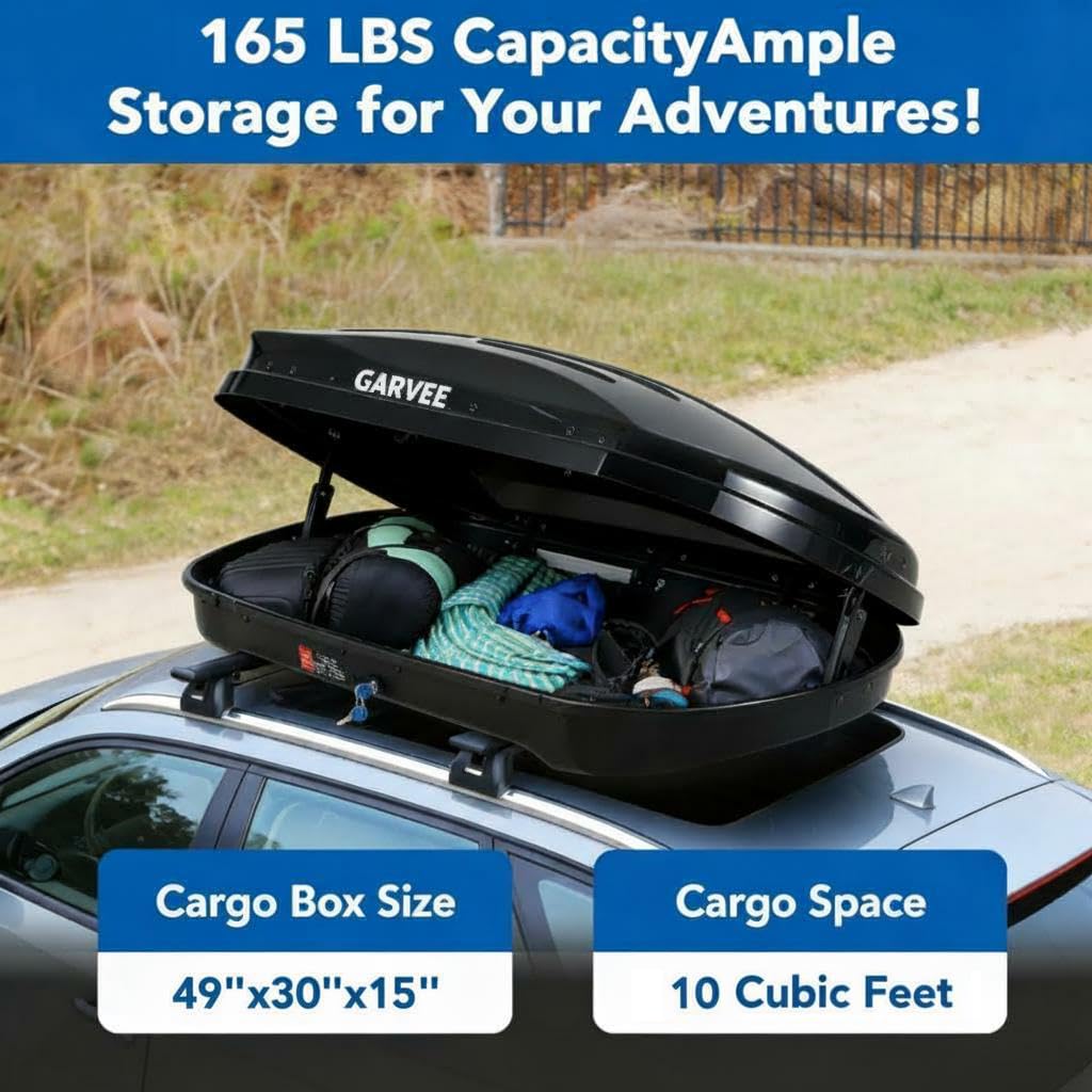 Garvee Heavy Duty Hard Shell Roof Top Cargo Carrier - 49(L) x30(W) x14(H) Waterproof Lockable Storage Box Capacity 165 Lbs 10 Cu Ft - Tool-Free Install- Fits SUV, Truck, Van