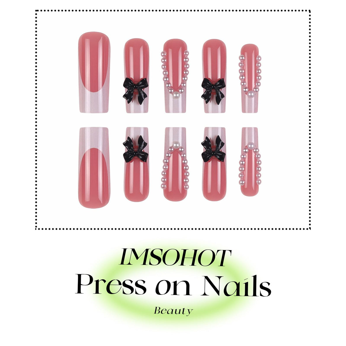 IMSOHOT Press on Nails Long Square Fake Nails White French Tip Glue on Nails with Black Bow Designs Glossy Acrylic Full Cover Stick on False Nails for Women Girls Manicure Decoration