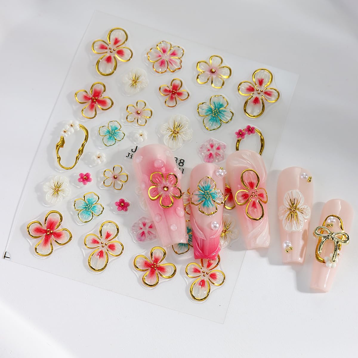 Flower Nail Stickers 5D Embossed Self Adhesive Hibiscus Floral Nail Decals Purple Flower Nail Charms Nails Design Pegatinas para Uñas for Women Nail Art Decoration 3 Sheet