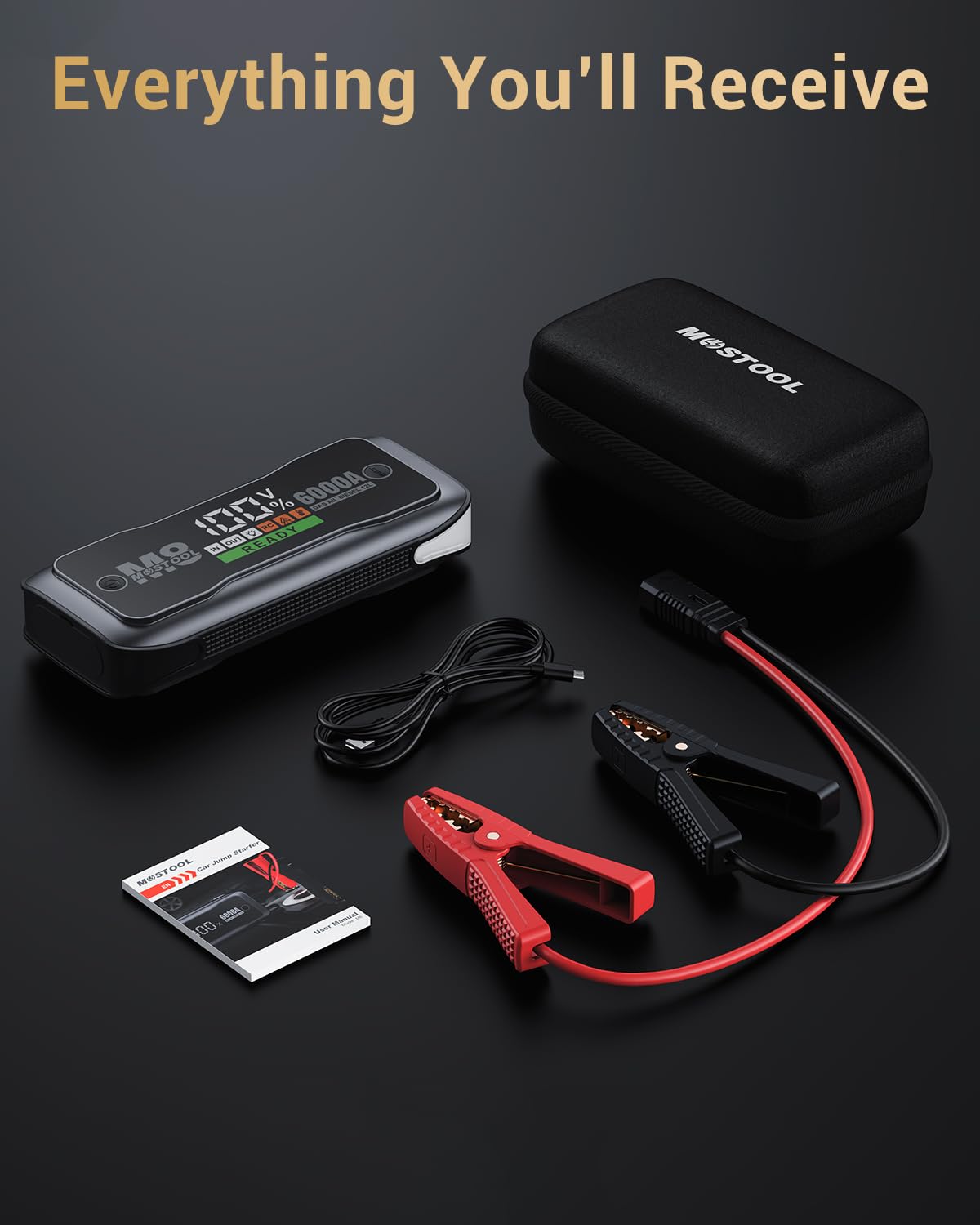 MOSTOOL M8 6000A Car Battery Jump Starter with Smart HD Display, 12V 24000mAh Battery Jump Pack, Portable Jump Box with Jumper Clamps 400-Lumen LED, Rugged Kit for All Gas & Up to 12.0L Diesel