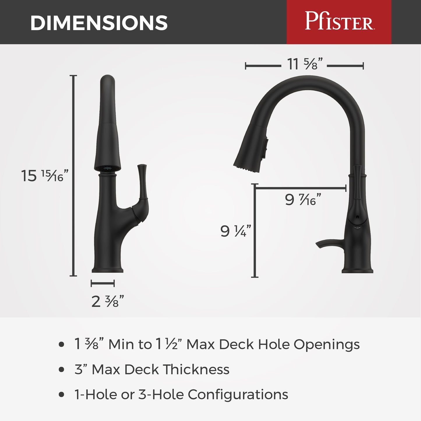 Pfister Alderwood Kitchen Faucet with Pull Down Sprayer and Soap Dispenser, Single Handle, NSF Certified, Matte Black Finish, F5297AWB