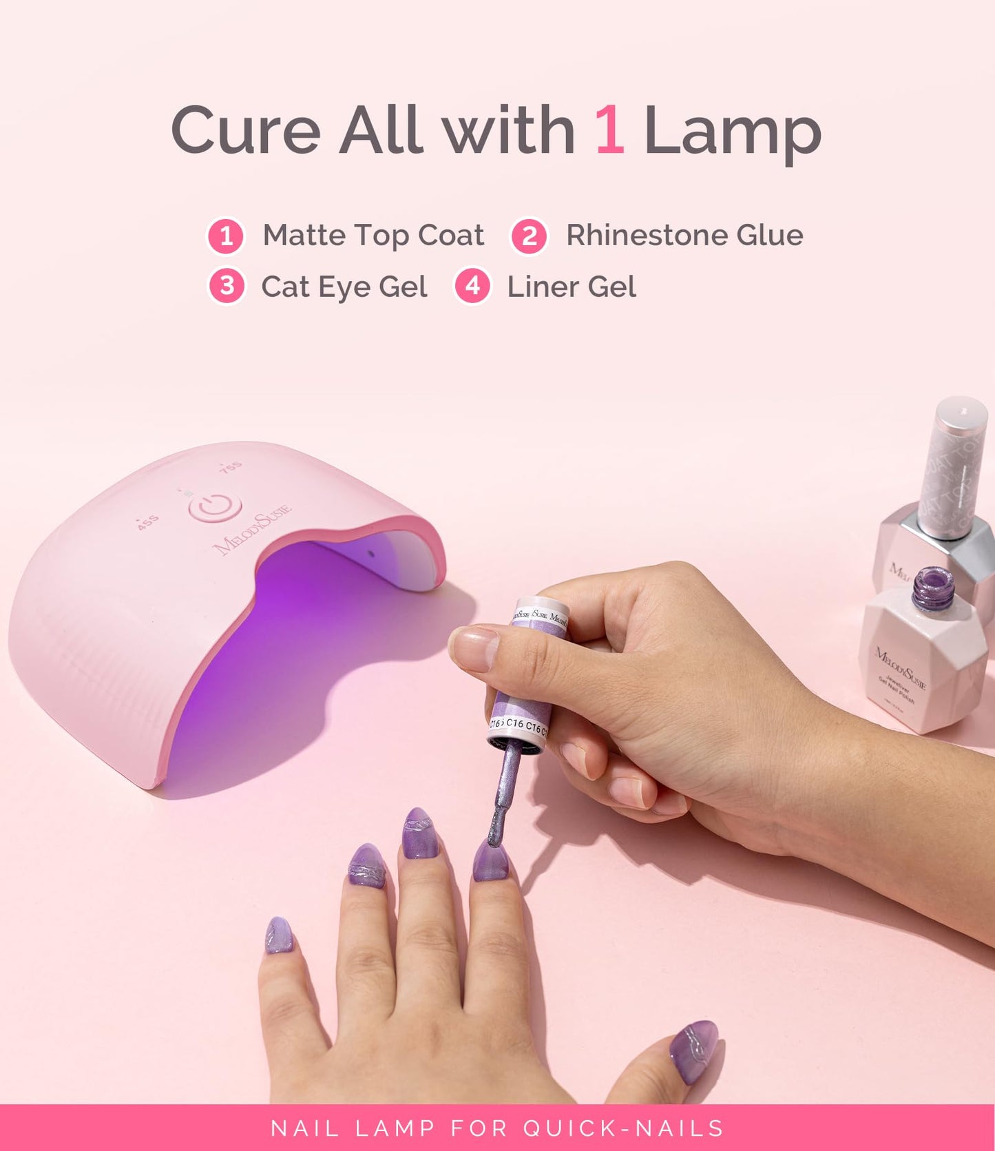 MelodySusie Mini Cordless UV Nail Lamp, P-ART06G Rechargeable Portable LED UV Light with Smart Sensor, 4-Finger Curing for All Soft Gels, Especially Half-Cured Gel, Base Coat & Top Coat, Pink