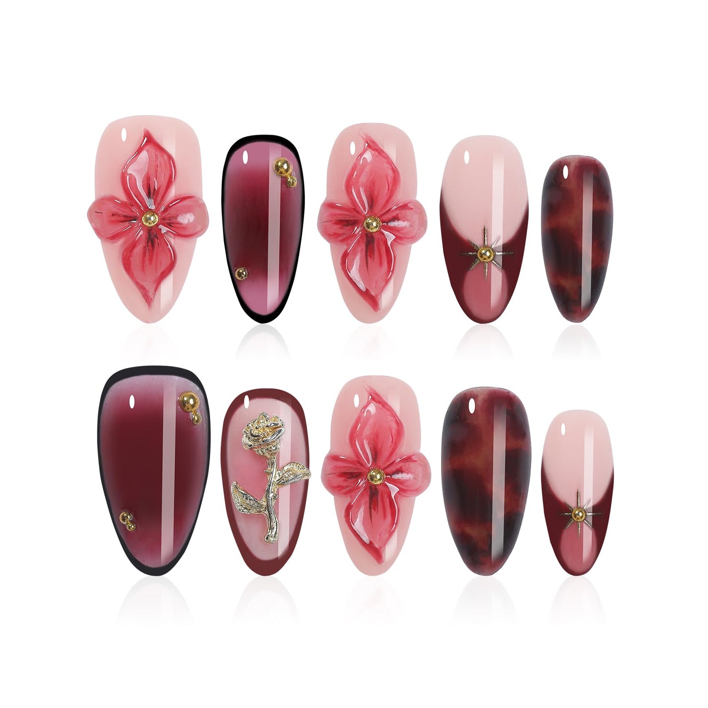 XGV Handmade Press On Nails Almond, 3D Flowers Leopard Print Rhinestones Design Fake Nails with French Tips Short, Salon Quality Reusable, 10Pcs Acrylic Nail Kit, Fall/Winter Gift for Women, Pink