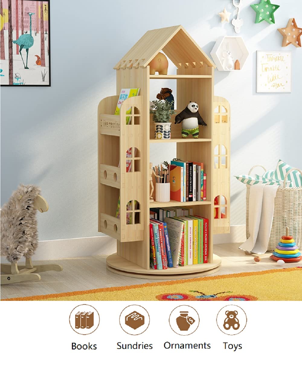 Heehee Rotating Bookshelf 360 Display Floor Standing Bookcase Storage Rack Children's Bookshelf, Wood Book Shelf Organizer Stand for Kids, Storage Book Display Case Bookrack