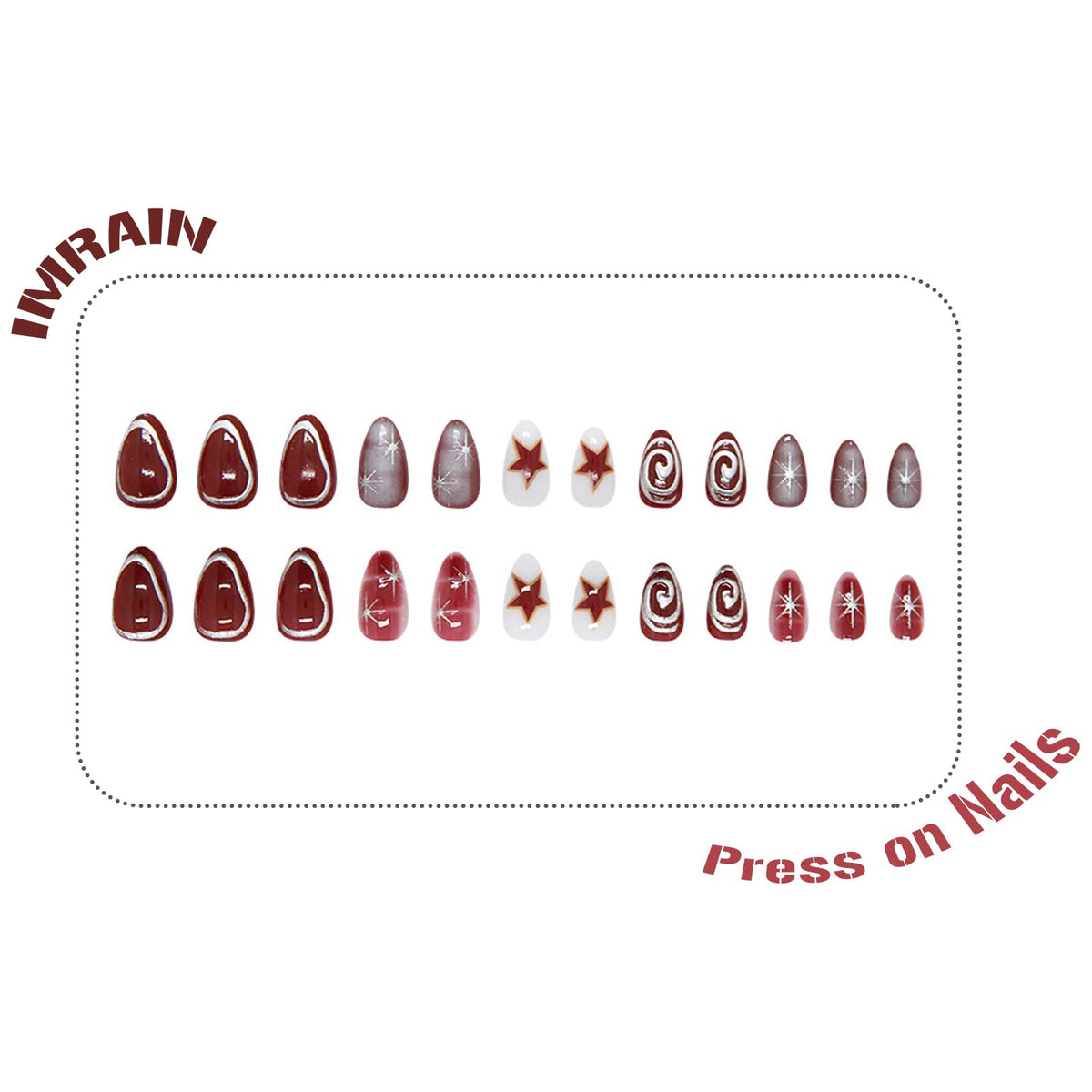 IMRAIN Press on Nails Medium Length Almond Fake Nails Red Silver False Nails with Star Designs Full Cover Glossy Acrylic Gothic Nail Supplies Stick on Nails Art Decoration for Women