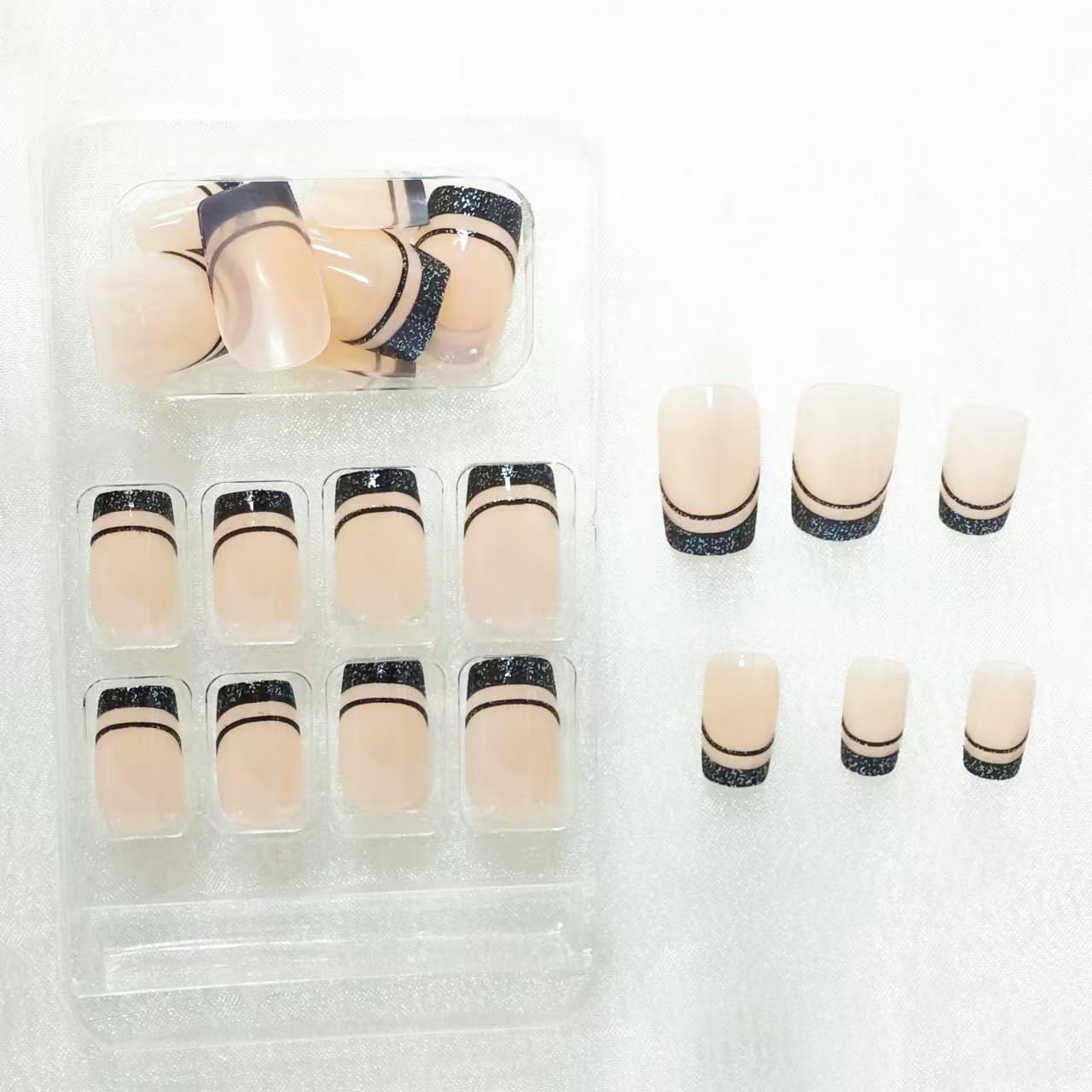 Black French Tip Press on Nails Medium Square Fake Nails with Design Black Line False Nail Glitter Glue on Nail Glossy Full Cover Artificial Acrylic Bling Stick on Nail for Women NBNTGH Manicure 24pcs