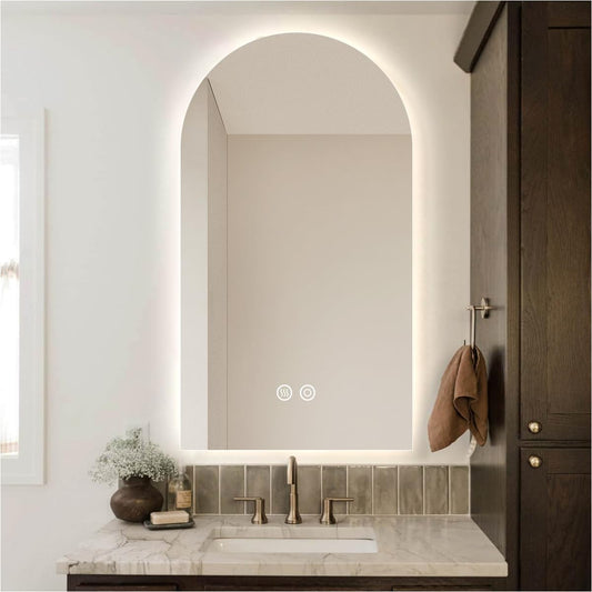 nolsia 32" x 20" Arched LED Bathroom Mirror, Frameless, Backlit Vanity Mirror with Lights, Wall Mounted Lighted Mirror, Dimmable 3-Color Shatter-Proof Arch Smart Mirror, UL-Listed, CRI≥93