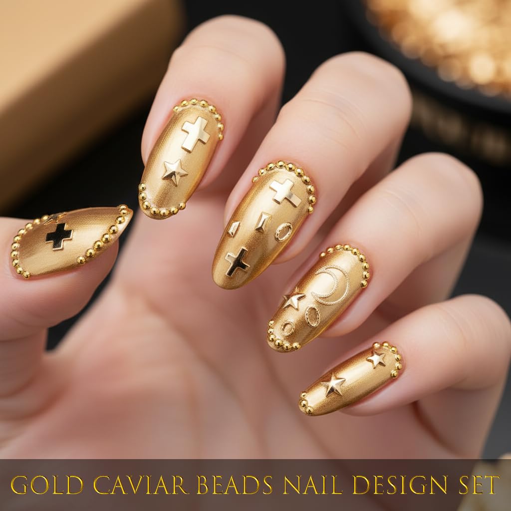 8 Boxes Nail Charms Set- 3D Gold Nail Charms with Gold Nail Gems and Nail Rhinestoness, Nail Pearls Caviar Beads for Nail Design, Gold Charms for Nails, Include Tweezer & Wax Pencil Nail Art Tools kit
