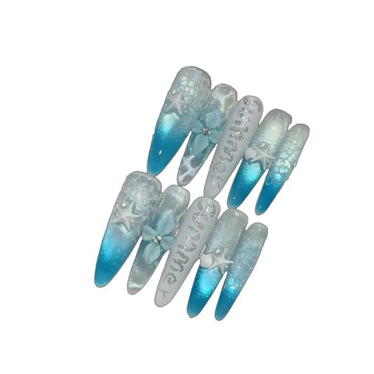 Summer Ocean Themed Press On Nails, Starfish & Floral Embellished Extra Long Stiletto Fake Nails, Reusable Manicure Set (S)