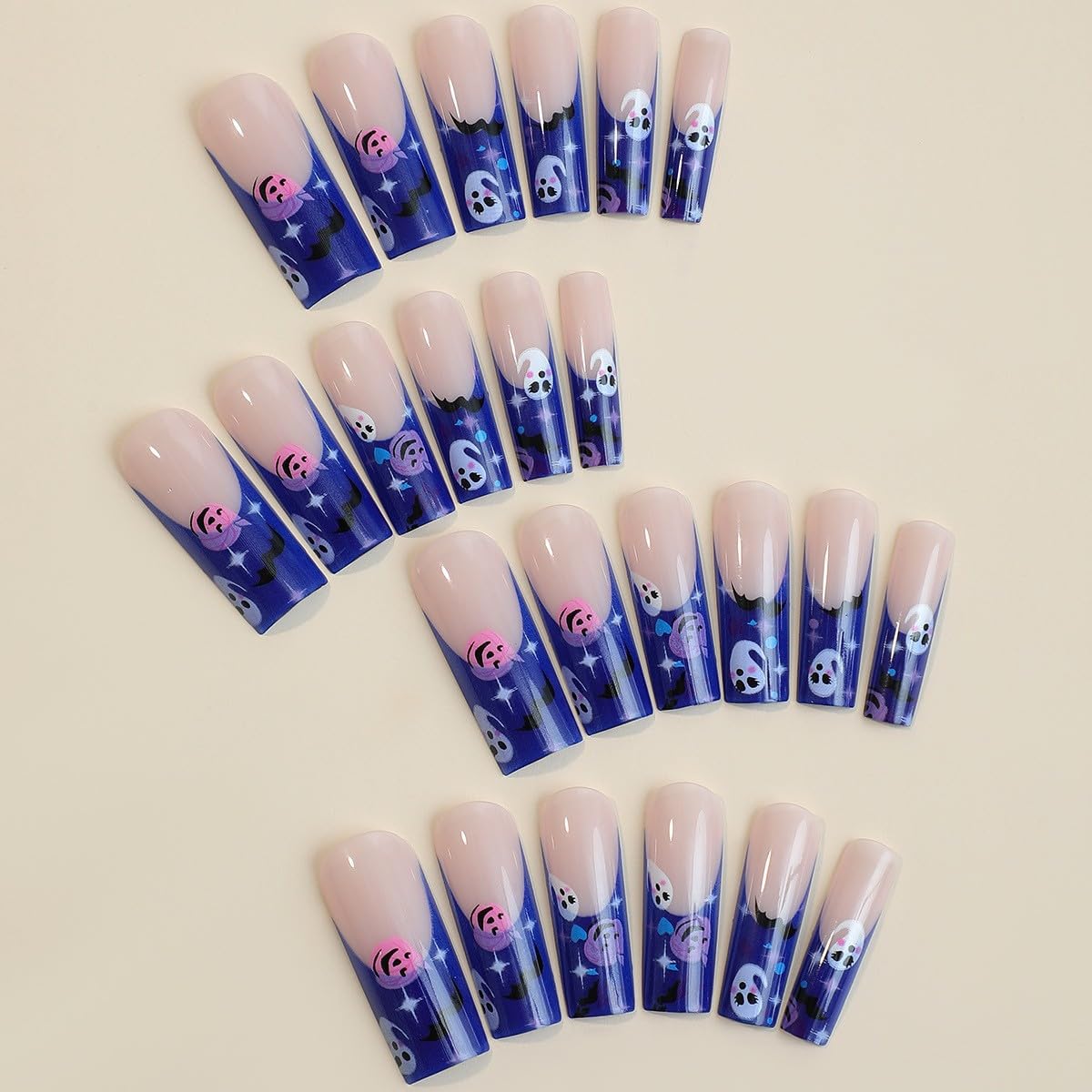 Halloween Press on Nails Long Coffin Fake Nails Cute Pumpkin Ghost Blue Glue on Nails French Tip False Nail with Designs Stars Bat Glossy Stick on Nail for Women Manicure 24 Pcs