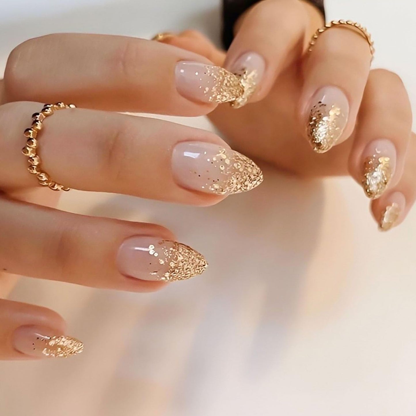 RUOKEXIN Almond Press on Nails Short Fake Nails Gold Glitter False Nails with Designs Full Cover Nail Press ons Sparkly Artificial Nails for Women 30Pcs