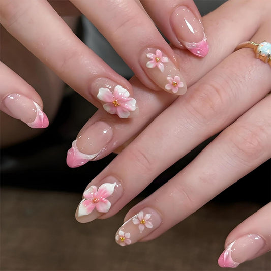 Almond Press on Nails Short Fake Nails with 5D Flower Charm Design Glossy Pink White French Tips Acrylic Nail Ombre Nail Press ons Reusable Cute Spring Summer False Nail for Women Manicure 30Pcs