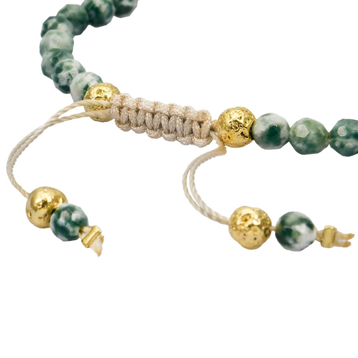 Nupuyai 4mm Faceted Stone Beads Bracelet for Women Men, Adjustable Healing Crystal Chakra Bracelet with Druzy Heart Charms, Green Dalmation Jasper