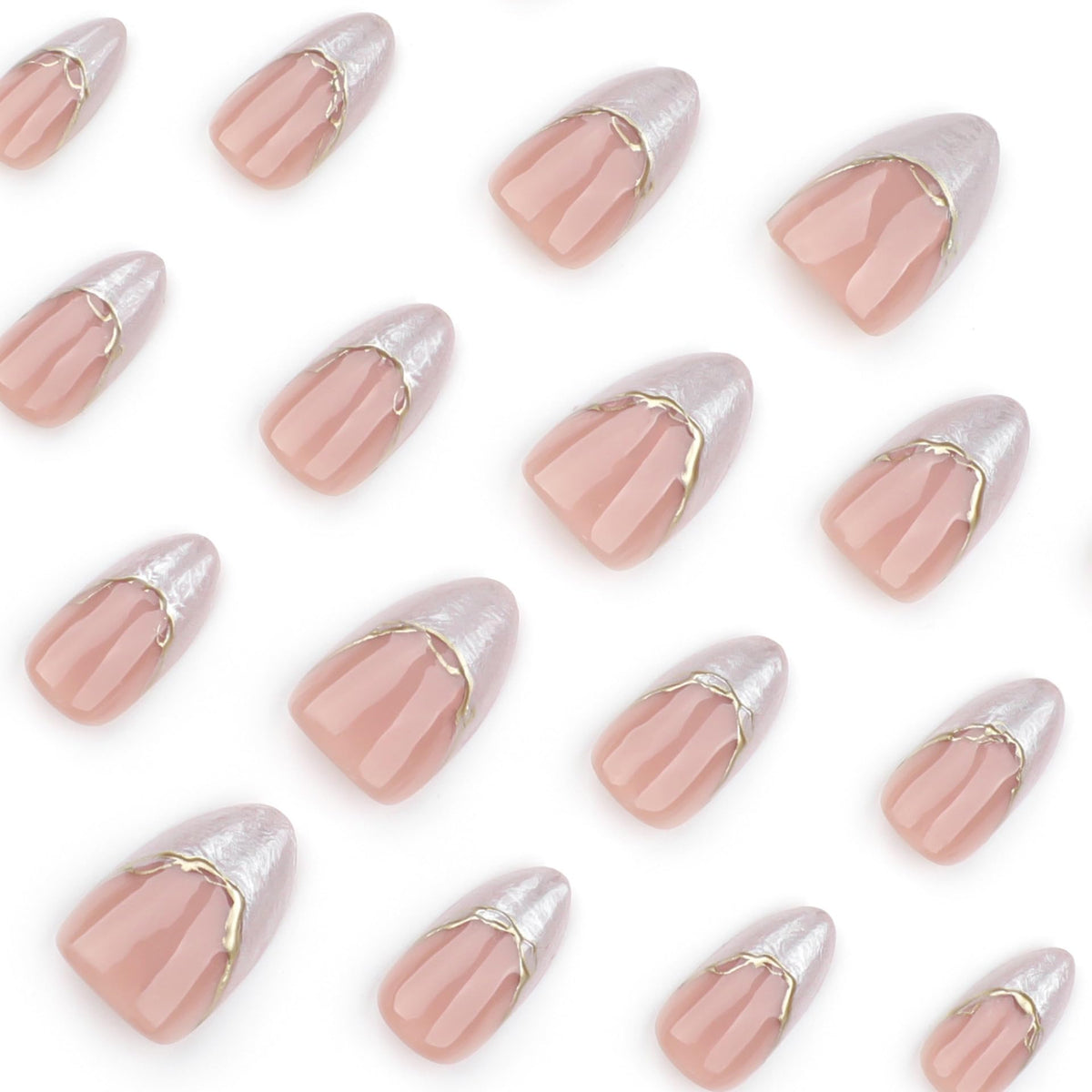 French Tip Press On Nails Short Almond Fake Nails With 3D Gold Lines Design Nude False Nails Glossy Glue On Nails Reusable White French Acrylic Nail Full Cover Nail Tips For Women 24pcs