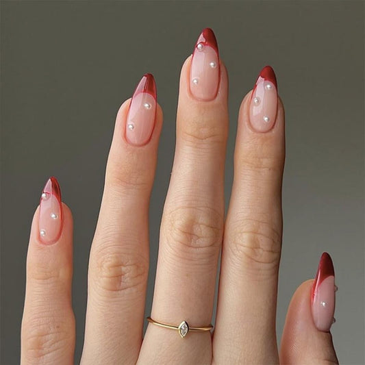 FJSMTOPl Rde French Tip Press on Nails Almond Fake Nails with Design Pearl False Nails Press ons Medium Acrylic Glue on Nails Cute Artificial Stick on Nail for Women Manicure 24Pcs