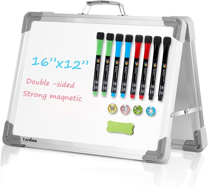 Small Dry Erase White Board â TANKEE Magnetic Desktop Foldable Whiteboard Portable Mini Easel Double Sided on Table Top with Holder for Drawing, Teacher Instruction, Memo Board