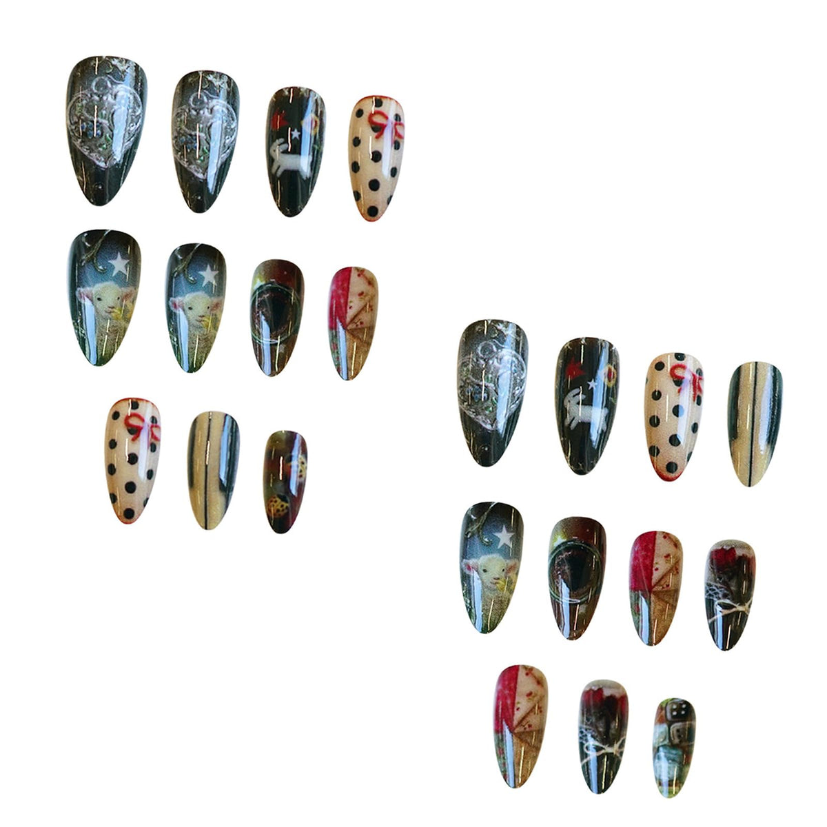 IMRAIN Press on Nails Medium Almond Fake Nails with Rose, Lamb Designs Glue on Nails Acrylic Glossy Full Cover False Nails for Women