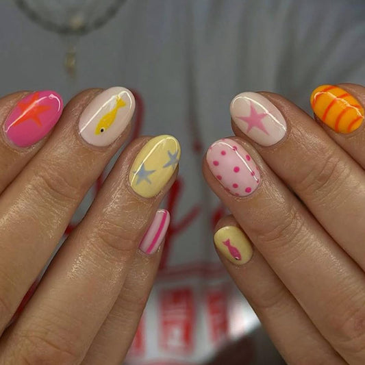 24 Pcs Summer Press on Nails Short Oval WLGDLH Fake Nails, Striped False Nails Press ons with Ocean Fish Star Polka Dots Design, Multicolor Glue on Nails for Women Manicure, Glossy Finish