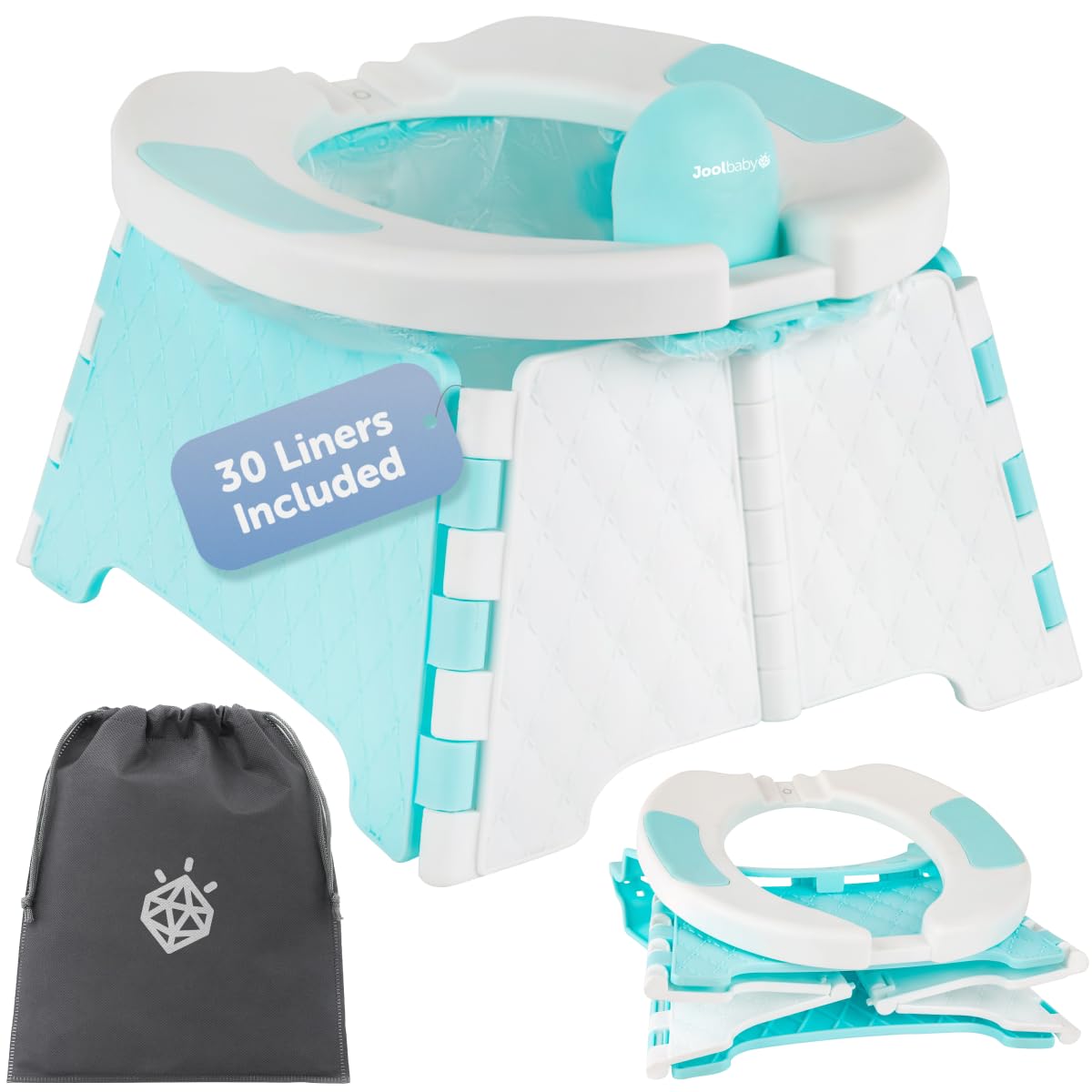 Jool Baby Portable Potty Training Chair with Travel Bag and 30 Liners, Foldable, Indoor/Outdoor Use, Camping (Aqua)