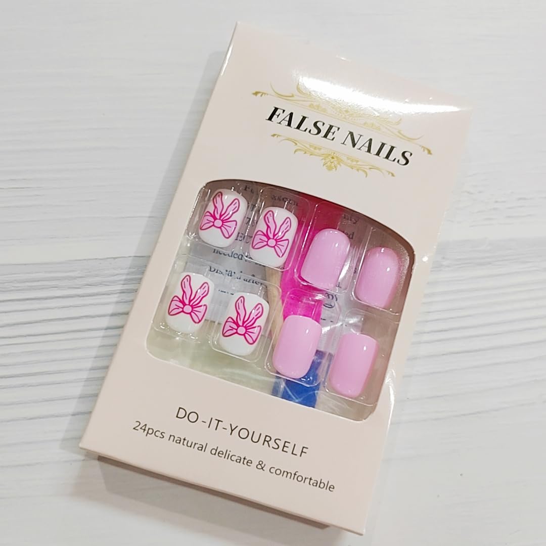 Purple Square Press on Nails Short Cute Fake Nails Valentine’s Day Press on Nail with Bow-Polka Dot Designs Pink Acrylic Full Cover Valentines Nails Glue on with Designs False Nail for Women 24PCS