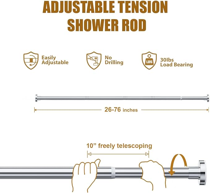 Ausemku Shower Curtain Rod Tension, 32-80 Inch Adjustable Heavy Duty Spring Tension Curtain Rod, No Drill Stainless Steel Telescoping Rod for Bathroom, No Rust, Silver