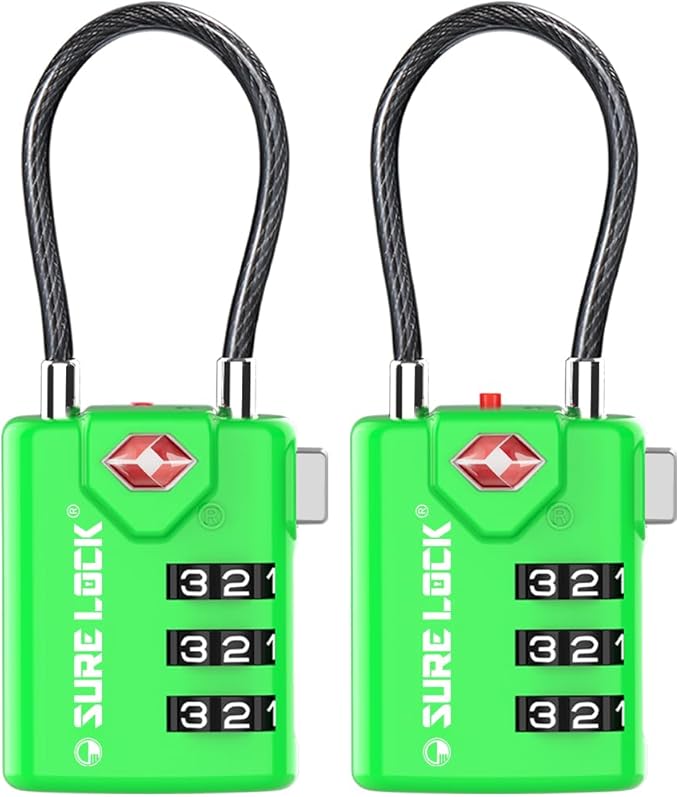 SURE LOCK TSA Approved Combination Luggage Locks with Open Alert Indicator â Durable Zinc Alloy Cable Travel Locks with Large Easy-Read Dials for Suitcases, Backpacks & Gym Bags ï¼Green 2 Pack