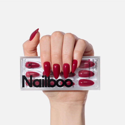 Nailboo Press On Nails, Salon-Quality Reusable Fake Nails for Fast DIY Manicure with Strong Hold Nail Glue for Press Ons, Nail File, & Alcohol Prep Pads, Cherry Chills