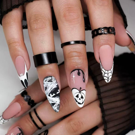 10Pcs Halloween Handmade Press on Nails Almond French Tip Fake Nails Halloween False Nails Spider Web Pumpkin Glue on Nail (MT-149-M)