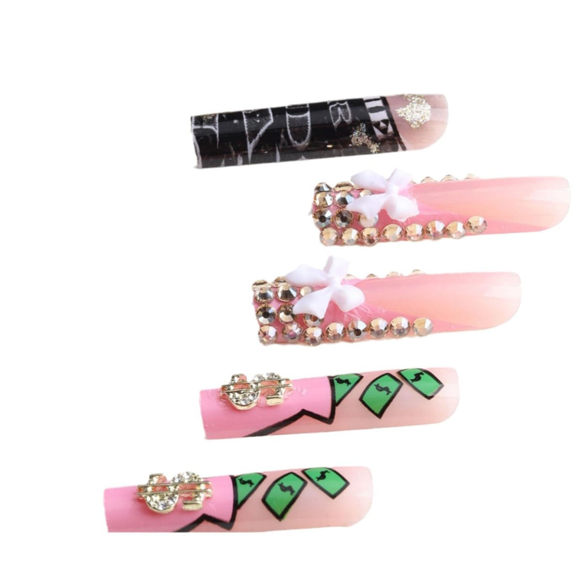 IMRAIN Long Square Press on Nails Pink French Tip Fake Nails with Designs Gold Charms & Rhinestone False Nails Glossy Glue on Nails Artificial Extra Long Nail Supplies 24Pcs