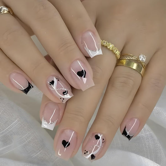 Short Press on Nails Square - French Tip Fake Nails with Black Heart Design - Glossy Full Cover Stick on Nails - for Women 24 Pcs