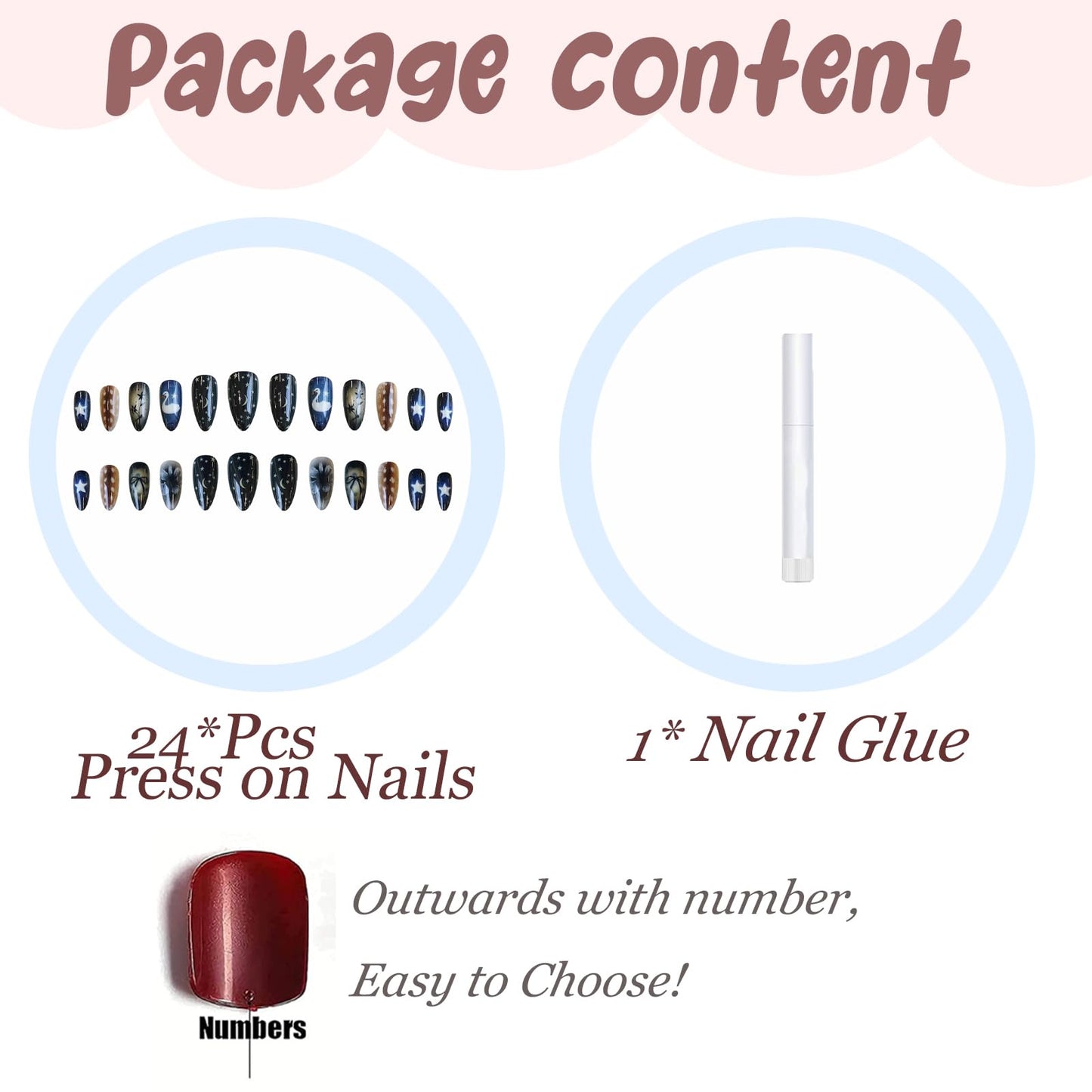 BABALAL Press on Nails Medium Almond Fake Nails Black Blue Glue on Gothic Swan Bow Anime Print False Acrylic Nails Cute 24Pcs Custom Stiletto Full Cover for Women Girls