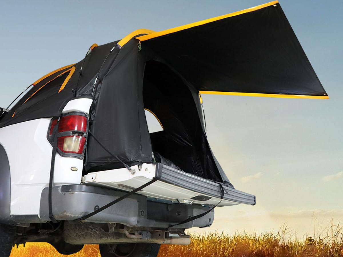Hrefeu Pickup Truck Blackout Tent with Awning Black, Portable 5.5-6.5Ft Truck Bed Tent for Camping, Waterproof PU2000mm Double Layer for 2 Person, Compact and Full Size Regular Bed Long Bed (5.5-5.8)