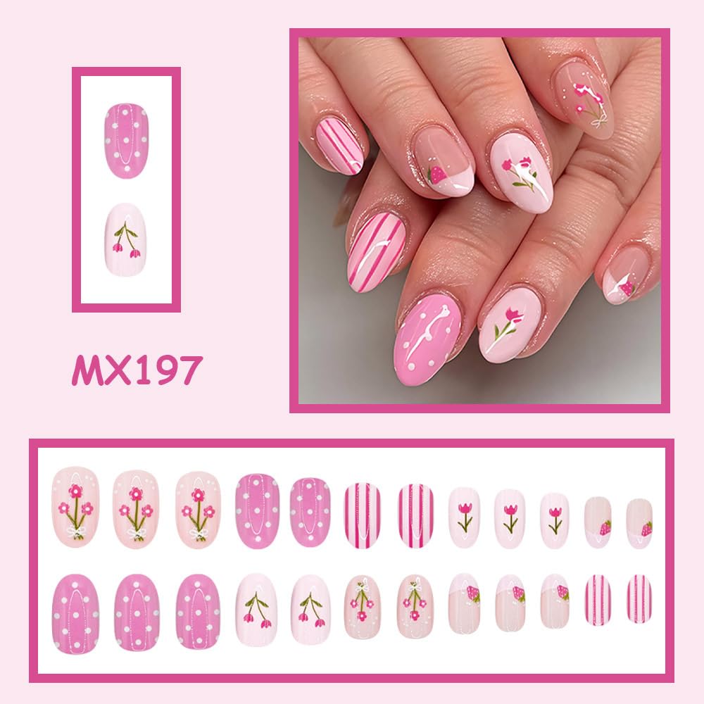 Flower Press on Nails Pink Almond Polka Dot Fake Nails with Strawberry & Stripe French Tip Nails Press ons, Medium Cute Summer False Nails Glossy Full Cover Stick on Nails for Women 24Pcs