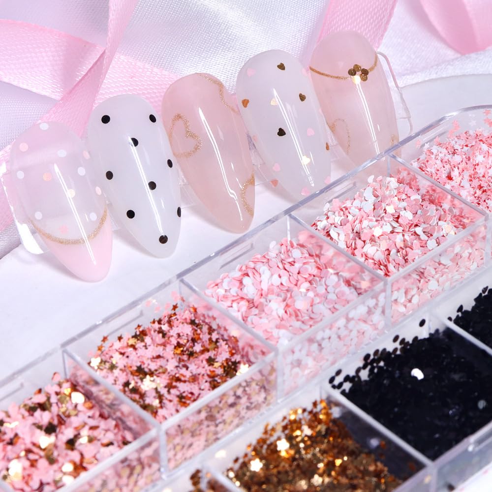AWDSLUY 12Girds Litter Star Round Heart Nail Glitter Sequin Retro Love Heart Nail Glitters 3D Nail Art Supplies Holographic Shiny Gold Nail Sequins for Valentine's Day Manicure Decorations