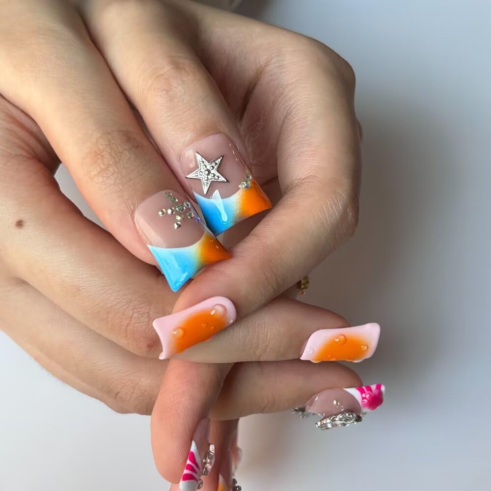 MXYIYANR Press On Nails - Handmade Nails Yellow Duck Nails for Women, French Pearl Nail Tips Reusable Stick On Fake Nails, DIY Art Decorate with Nail File Kit (SIze M)