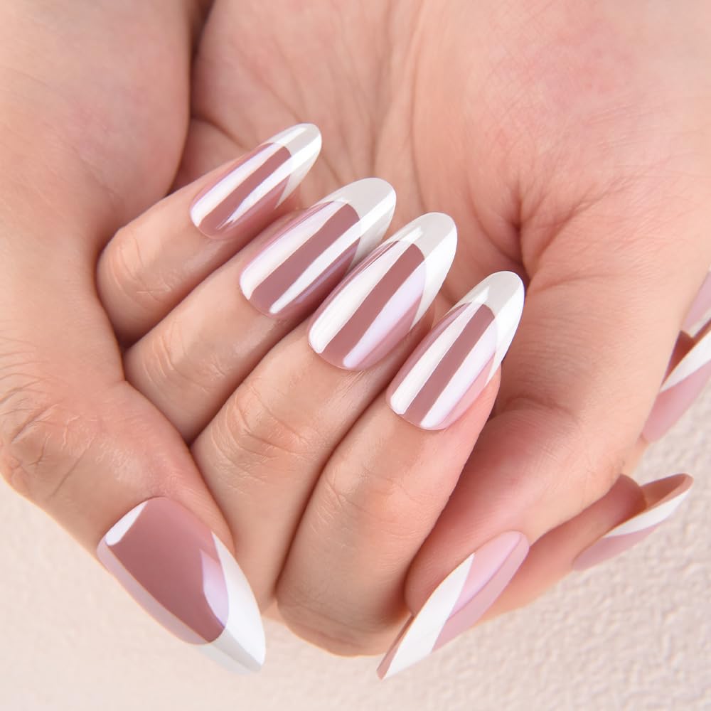 evpct French Tip Press On Nails Almond Medium, Mauve + White Tips, Chrome Glazed Glossy Medium Almond Fake False Press on Nails, Reusable Gel Stick on nail Press ons with Nail Kits, Salon Quality