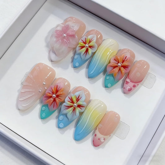Floral Handmade Medium Almond Press on Nails Nude Pastel 3D Floral Gradient Wave Pearl Details Glossy Finish Reusable Spring Nails Easy Apply Fashion Wear Durable Trendy Women Girls Nail Art 24 Pcs(S)