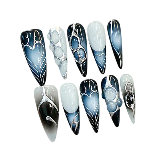 Handmade 3D Blue-Gray Metallic Stream Stiletto Press On Nails, Future Dark Tech Style Artisan Nails Set, Reusable Glossy Press-ons with Tool Kit(M)