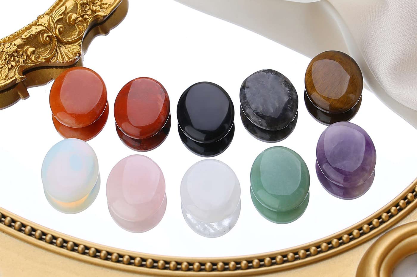 LAIDANLA 10PCS Healing Crystals Palm Stone Set Oval Crystal Amethyst Rose Quartz Obsidian Clear Quartz Polished Natural Stones Pocket Gemstone Home Decoration for Meditation and Anxiety Stress Relief