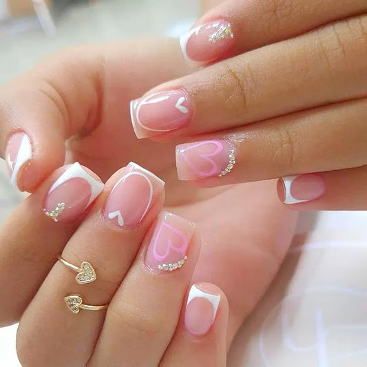 Short Press on Nails Square - White French Tip Fake Nails with Heart Design - Rhinestone, Cute Full Cover Stick on False Nails - for Women 24 Pcs