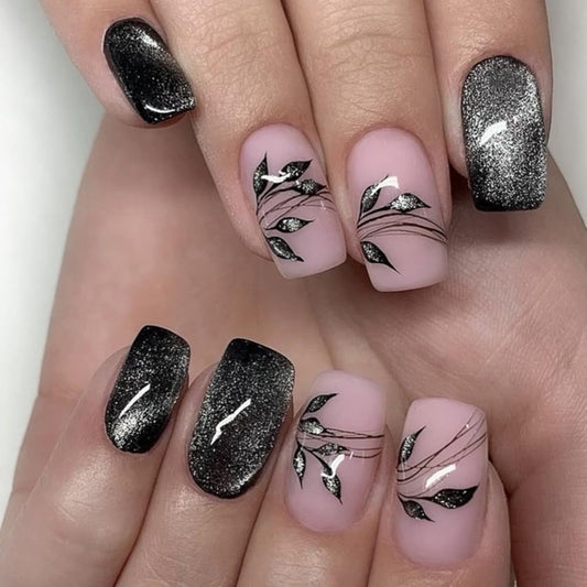 Medium Press on Nails Square - Black Fake Nails with Leaf Design - Glitter Glossy Full Cover Stick on False Nails - for Women Fall Manicure 24 Pcs