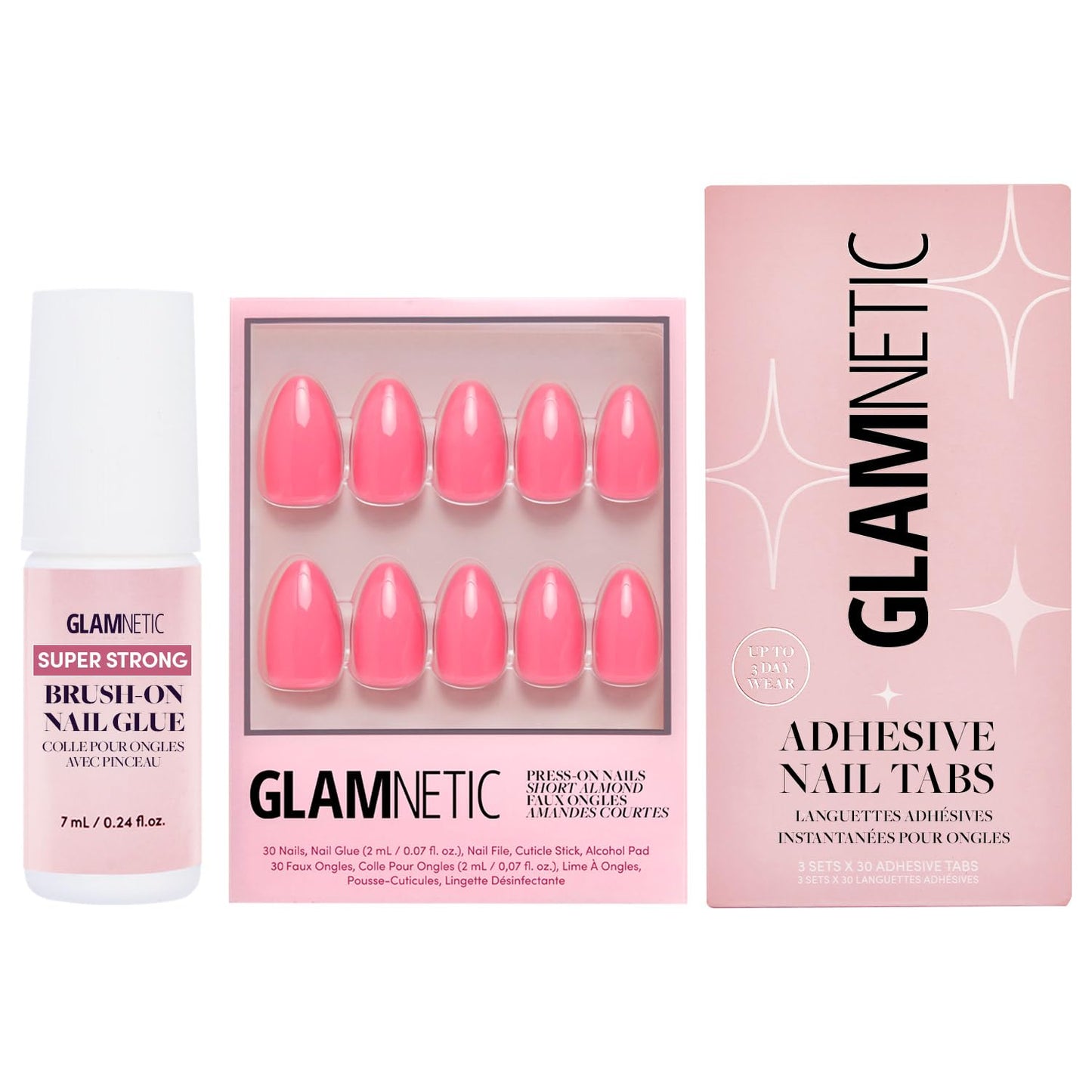 Glamnetic Press-On Nails - Flamingo Pink | Super Strong Brush On Nail Glue & Nail Adhesive Tabs | Classic Pink Short Almond Fake Nails | 15 Sizes - 30 Nail Kit with Glue & Nail Tabs