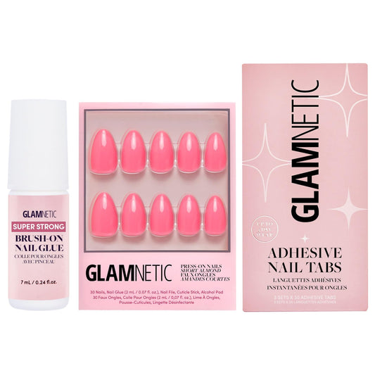 Glamnetic Press-On Nails - Flamingo Pink | Super Strong Brush On Nail Glue & Nail Adhesive Tabs | Classic Pink Short Almond Fake Nails | 15 Sizes - 30 Nail Kit with Glue & Nail Tabs