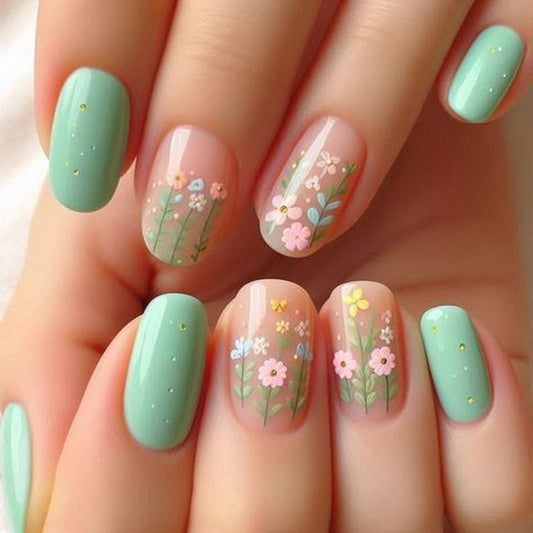 24pcs Green Press on Nail Medium Length Square Fake Nails with Flower designs Spring False Nails Glossy Cute Glue on Nails Full Cover Acrylic Stick on Press ones for Women Summer Manicure