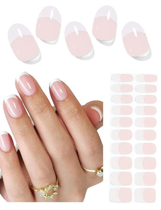 Semi Cured Gel Nail Strips, 20pcs Classic French, Semitransparent Pink Base, Gel Nail Stickers UV for Home Nails DIY